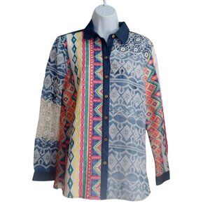 John Mark  Embroidered Patch Lacey Colorful Button L-Sleeve Shirt S